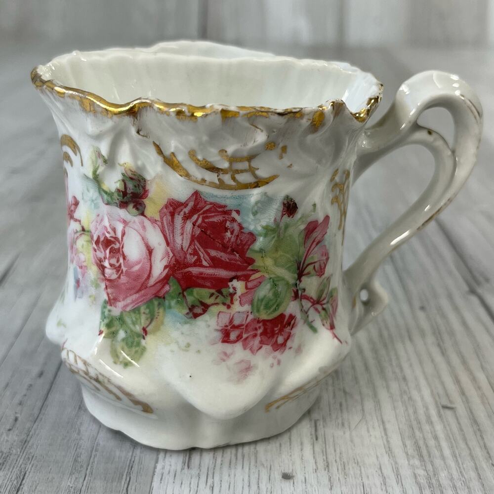 Vintage Victorian White Pink Green Floral Accent Gold Trim Shaving Mug Cup Decor